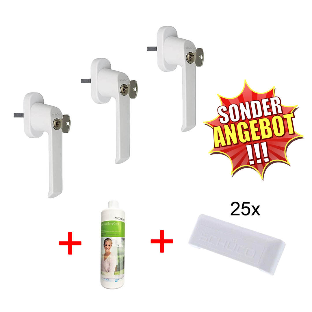 SCHÜCO Fenstergriff Abschließbar Weiß 3er PACK + Reiniger + 25x Wasserschlitzkappen (BLACK WEEK Angebot))